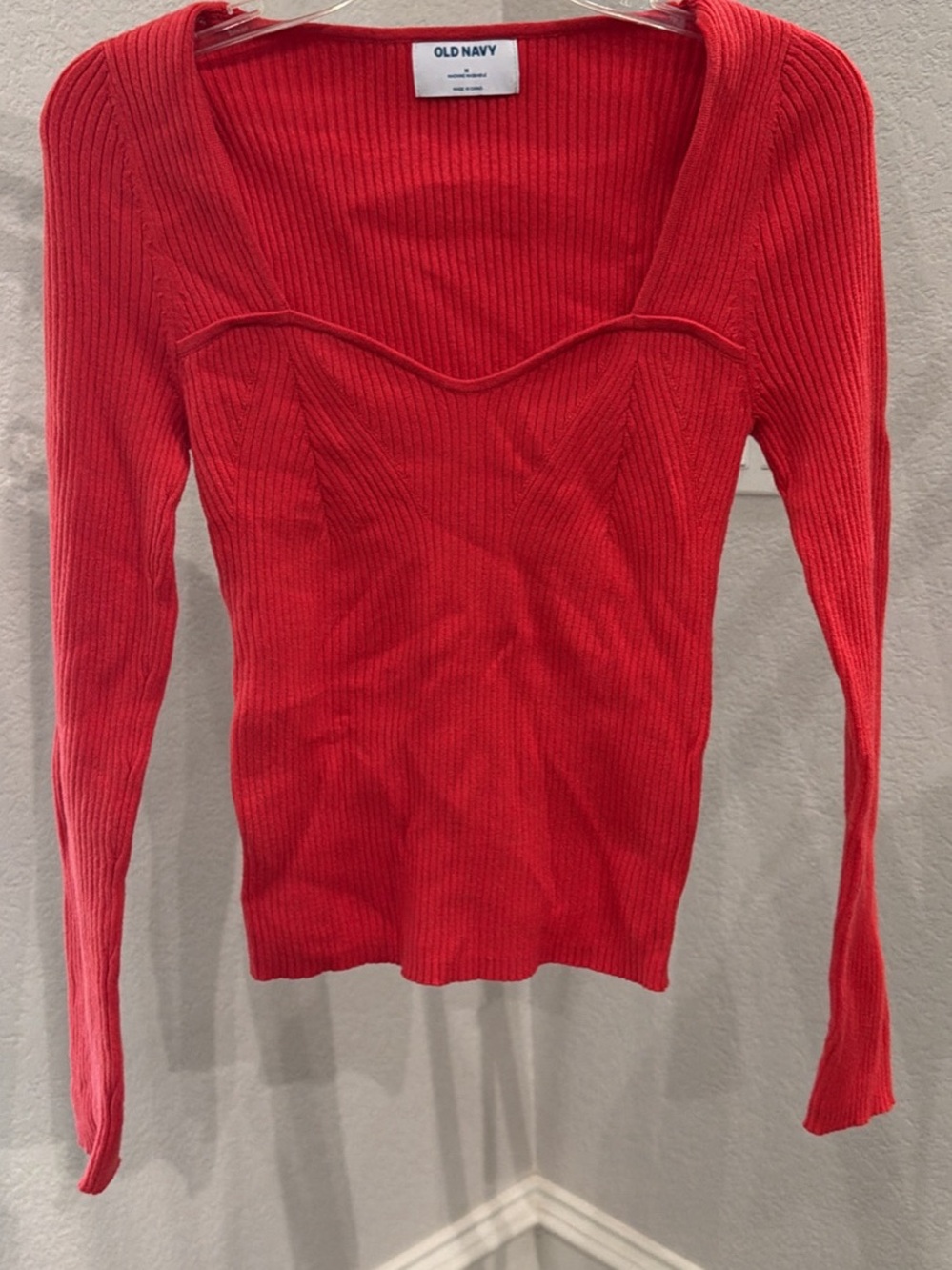 Old Navy Bright Red Ribbed Long-Sleeve Sweetheart Top